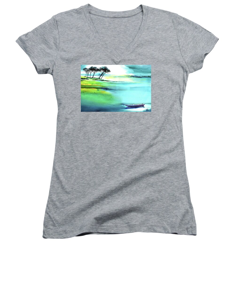 Nature Women's V-Neck featuring the painting Blue Lagoon by Anil Nene
