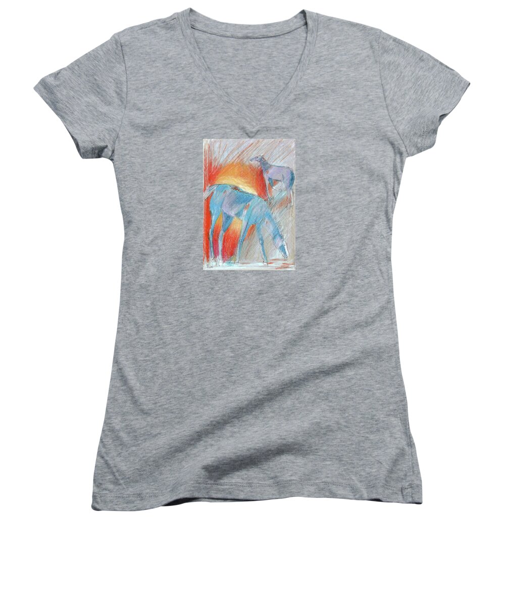 Blue Roans Women's V-Neck featuring the painting Blue roans by Mary Armstrong
