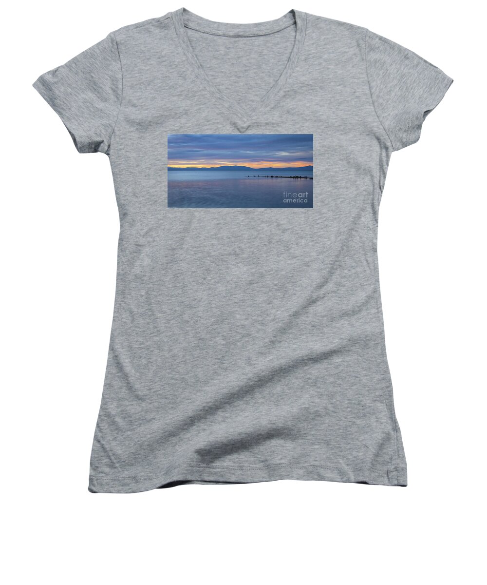 Blue Lake Tahoe Sunset Women's V-Neck featuring the photograph Blue Tahoe Sunset by Mitch Shindelbower