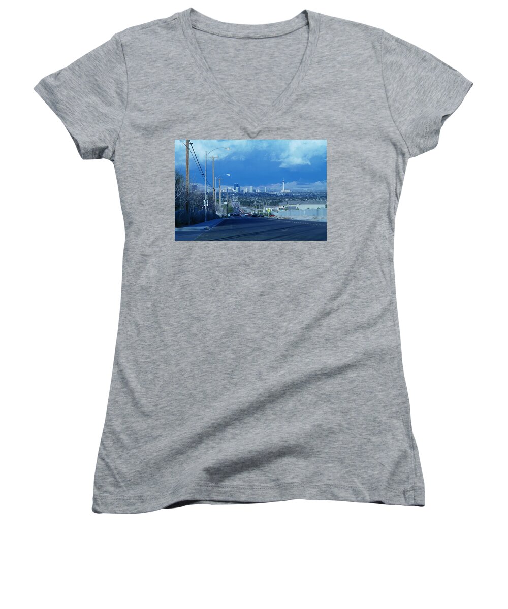  Women's V-Neck featuring the photograph Blue Vegas by Carl Wilkerson