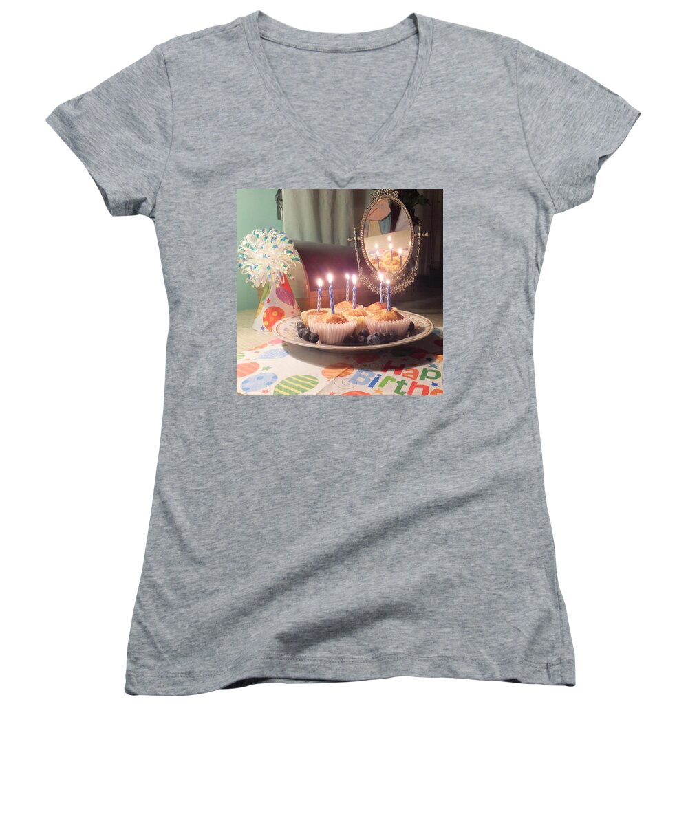 Muffins Women's V-Neck featuring the photograph Blueberry Muffin Birthday by Denise F Fulmer