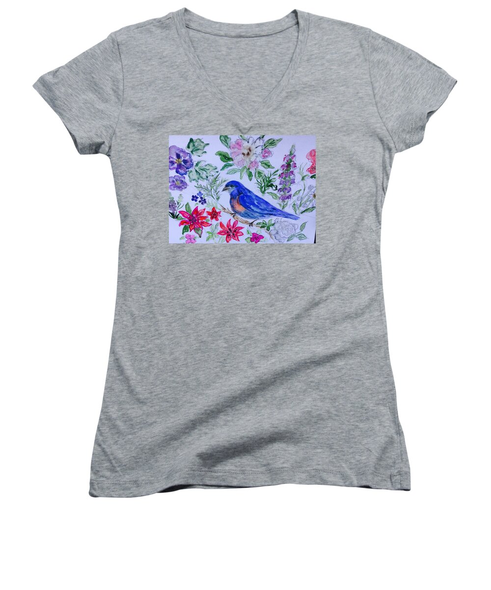Bluebird Women's V-Neck featuring the painting Bluebird in a garden by Lucille Valentino