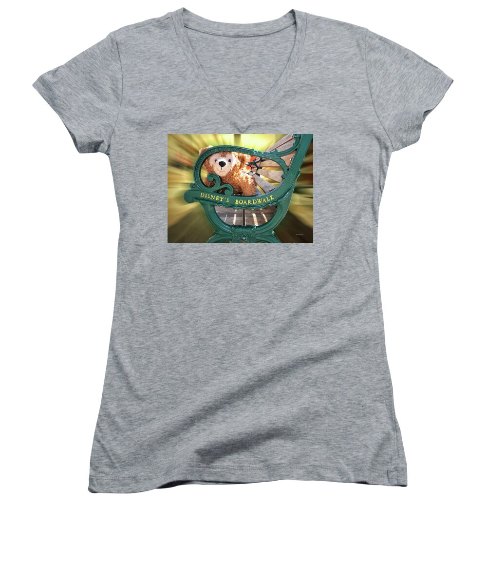 Fantasy Women's V-Neck featuring the photograph Boardwalk Bear MP by Thomas Woolworth