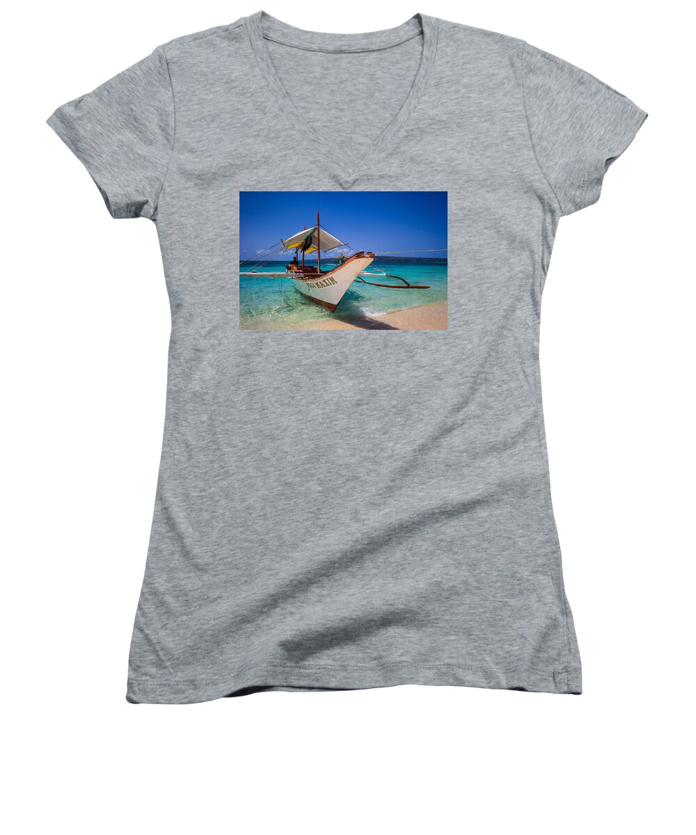 Boat Women's V-Neck featuring the photograph Boat on Boracay Island by Judith Barath