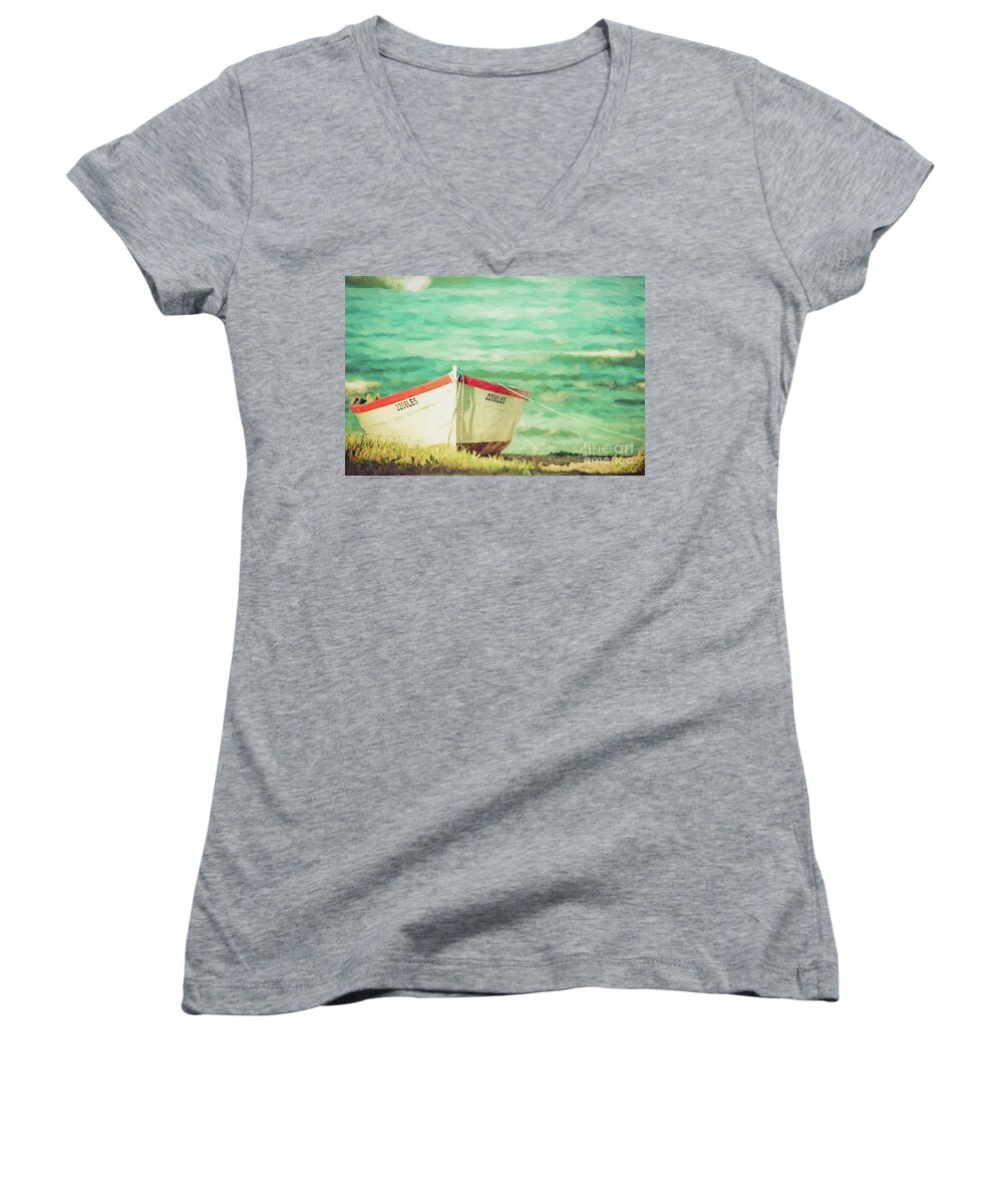 Van Gogh Women's V-Neck featuring the digital art Boat on the shore by Howard Ferrier