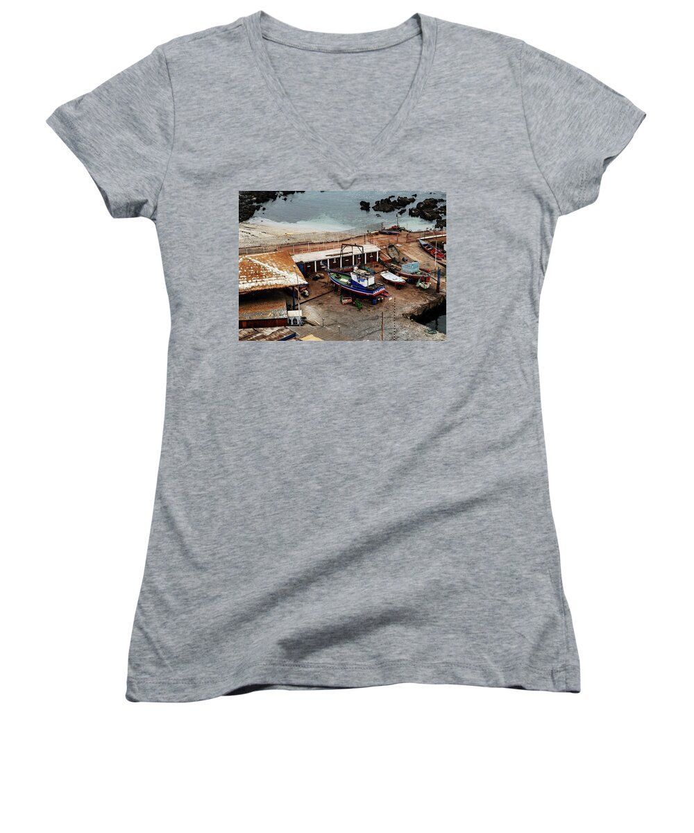 Iquique Women's V-Neck featuring the photograph Boat Yard Iquique Harbor Chile by William Kimble