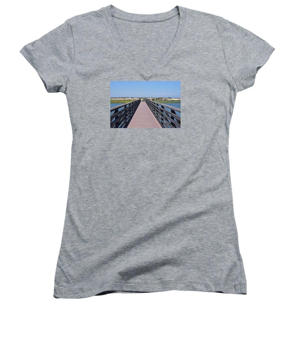 Linda Brody Women's V-Neck featuring the photograph Bolsa Chica Wetlands Viewing Pier by Linda Brody