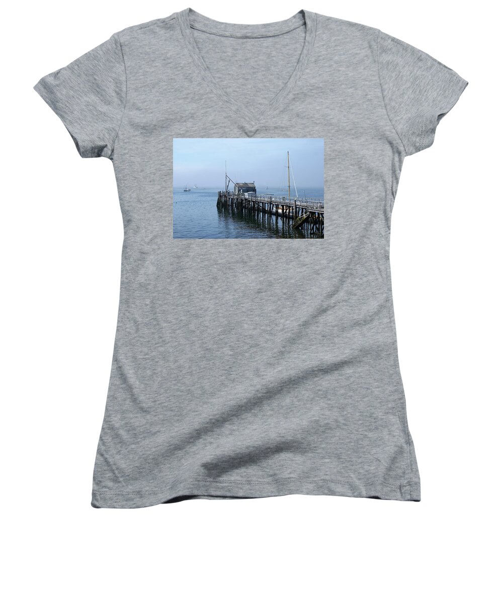 Ocean Women's V-Neck featuring the photograph Boothbay Shipyard Dock by Lois Lepisto