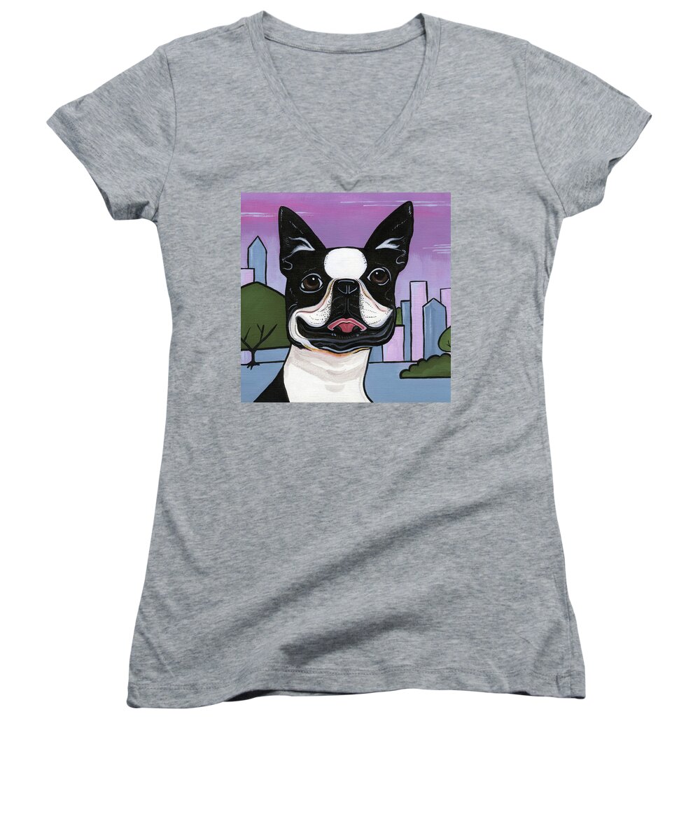 Boston Terrier Women's V-Neck featuring the painting Boston Terrier by Leanne Wilkes