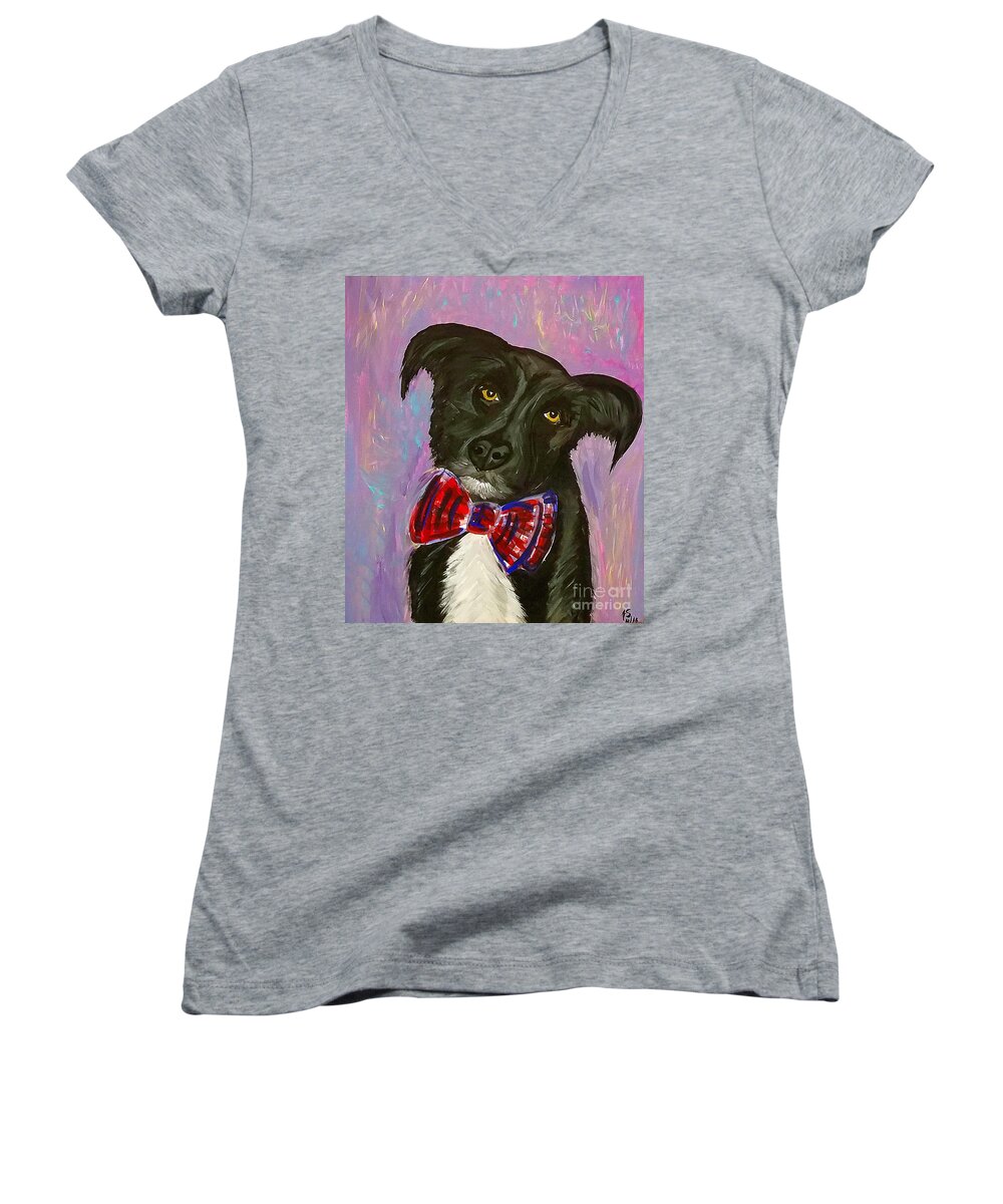 Dog Women's V-Neck featuring the painting Bow Tie Boy by Ania M Milo