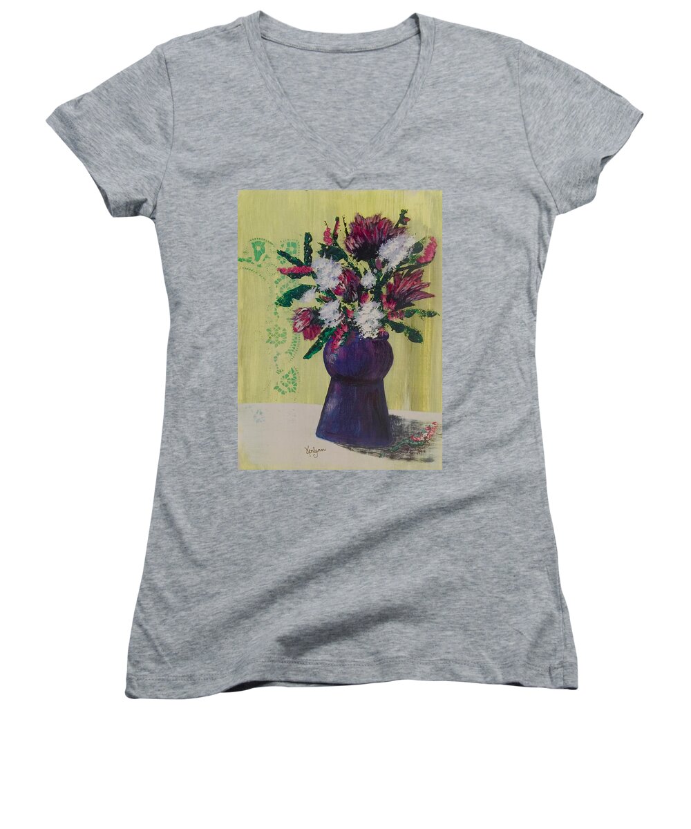 Flowers Women's V-Neck featuring the painting Bouquet Next to Wallpaper by Kenlynn Schroeder