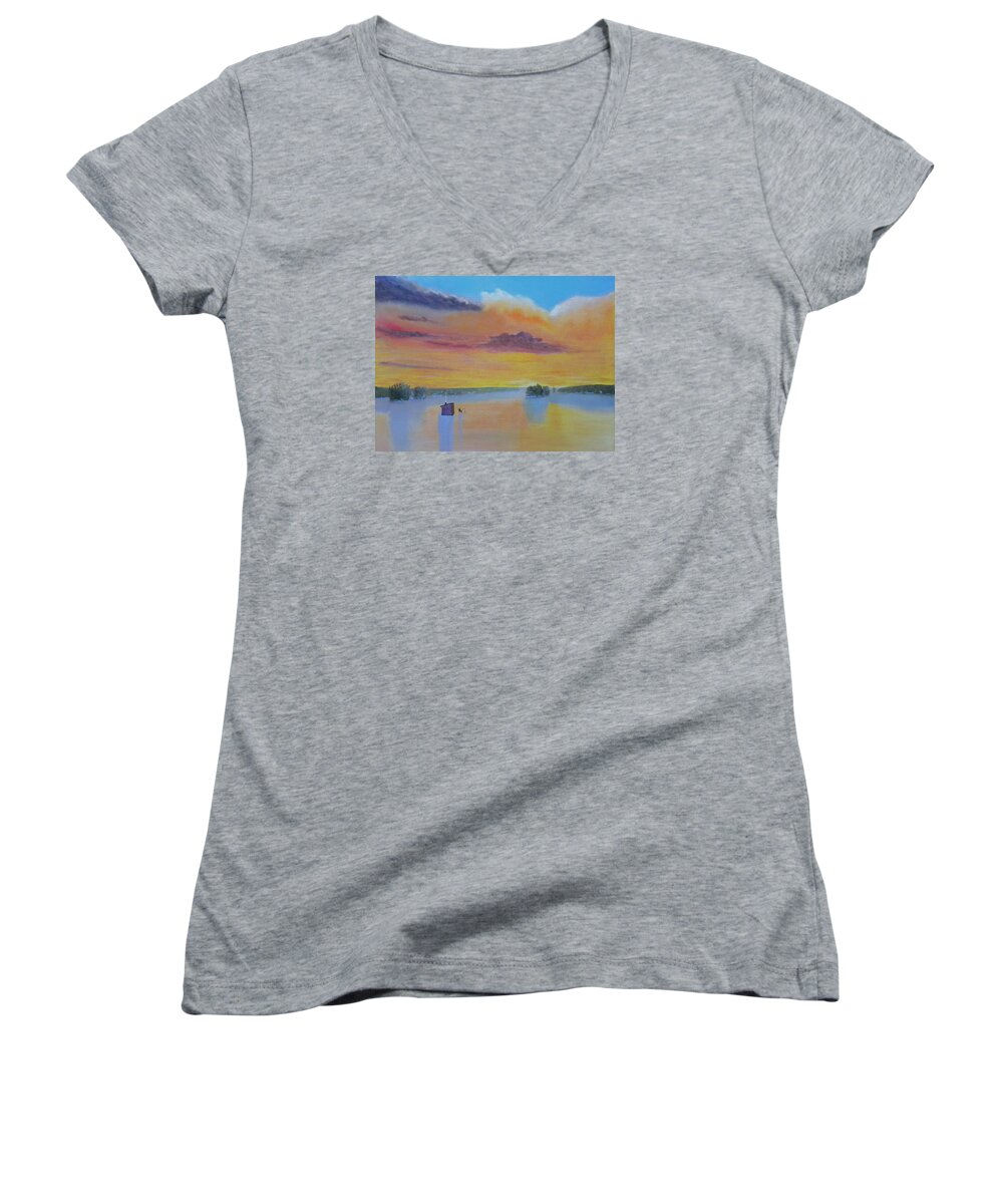 Sunrise Lake Ice Snow Fishing Clouds Shack Reflections Women's V-Neck featuring the painting Bow Lake Ice Fishing by Scott W White