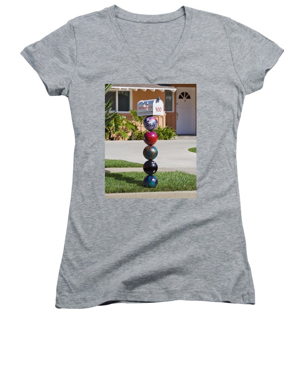 Bowling Women's V-Neck featuring the photograph Bowlers mailbox by Kelley King
