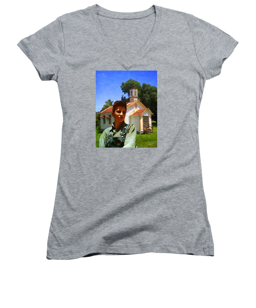 Farmer Women's V-Neck featuring the photograph Boy and Church by Timothy Bulone