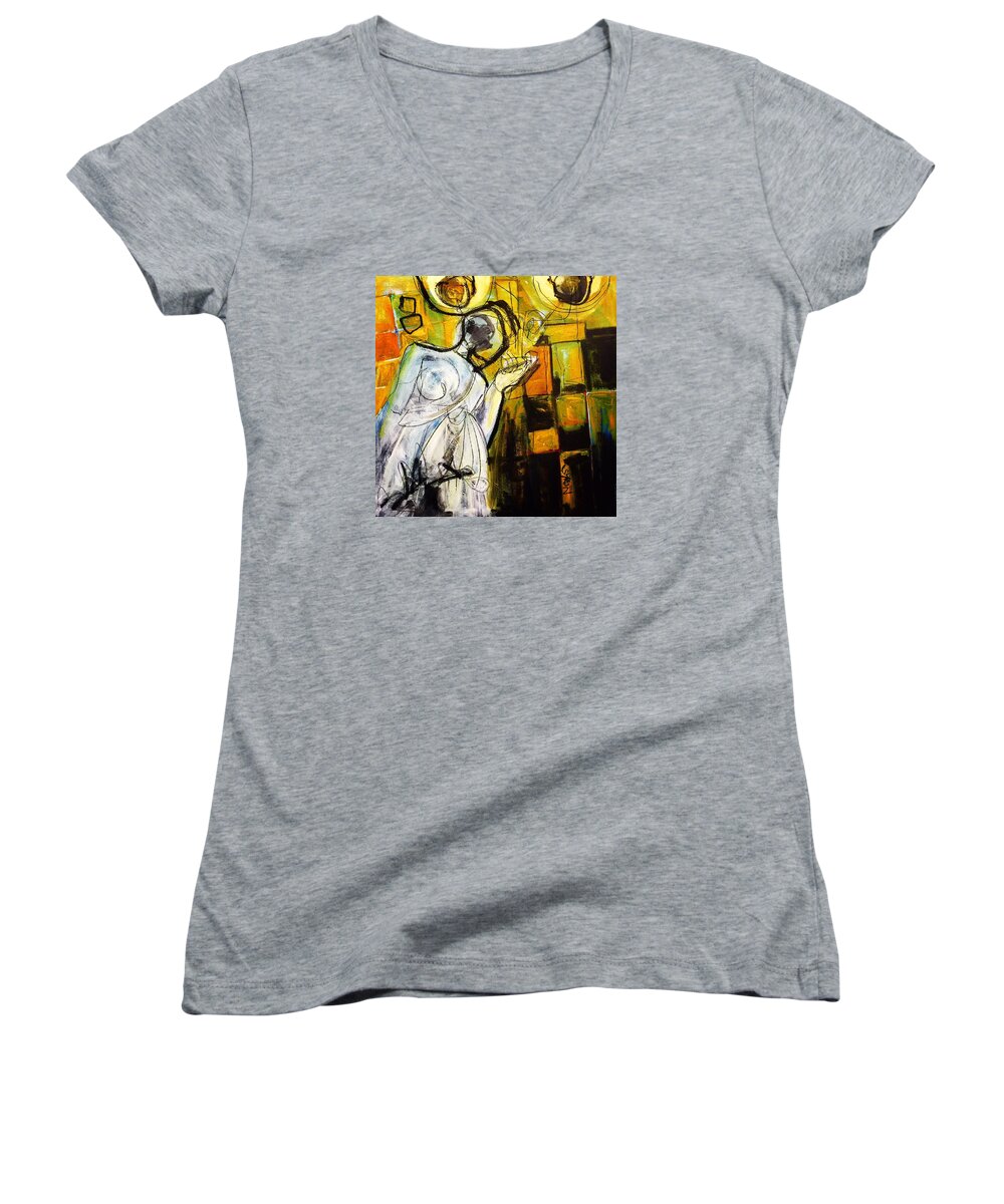Yellow Women's V-Neck featuring the painting Breakfast on Park Road II by Helen Syron