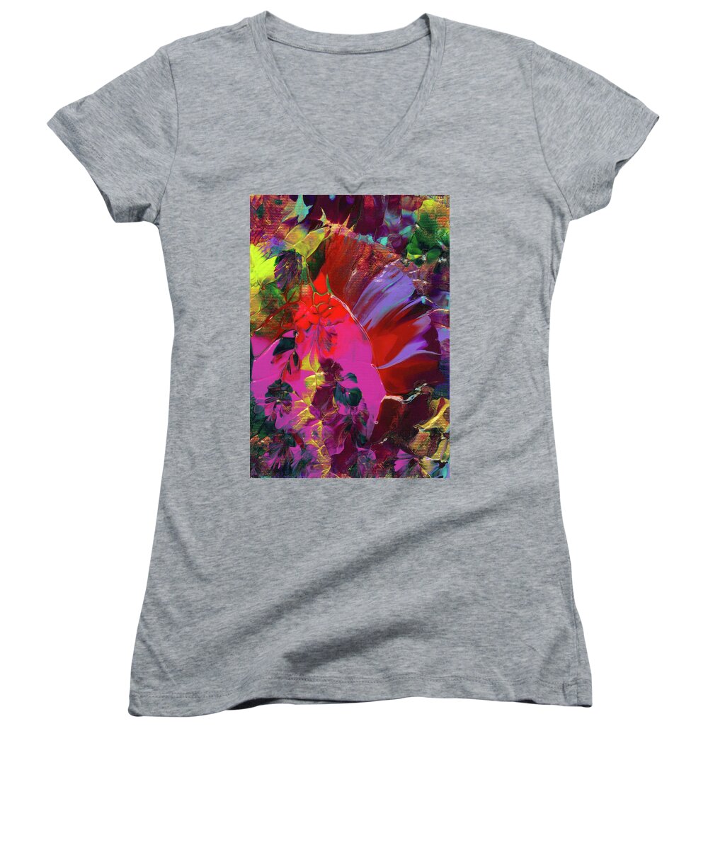 Bright Women's V-Neck featuring the painting Bright Flaming Sun Flares by Nan Bilden