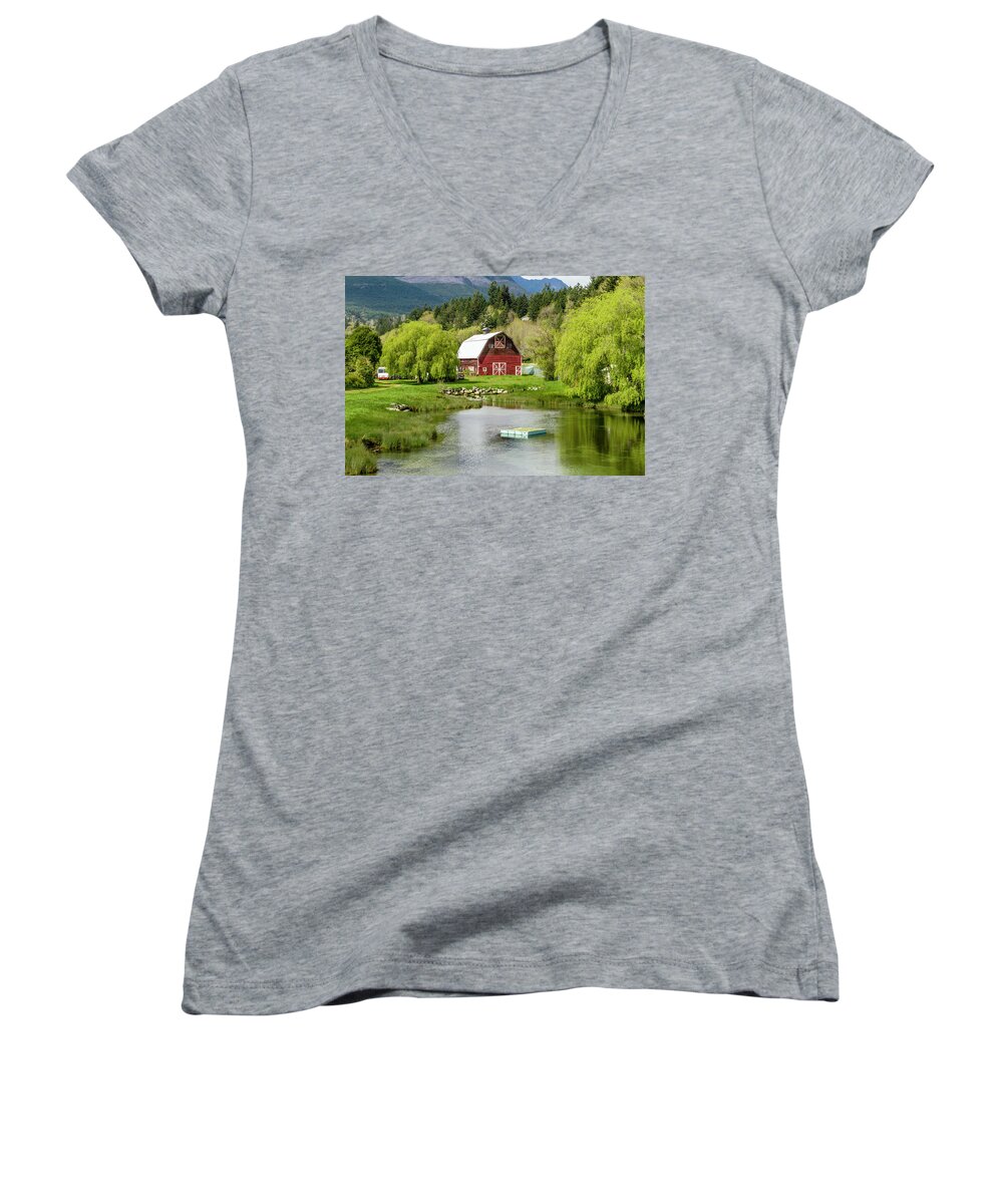 Agriculture Women's V-Neck featuring the photograph Brinnon Washington Barn by Pond by Teri Virbickis