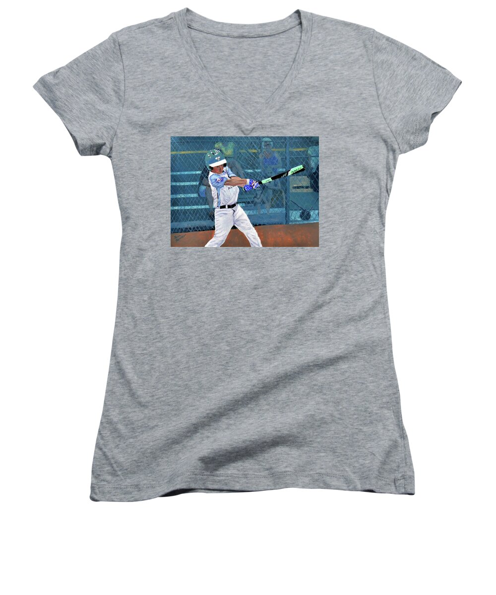 Commission Portrait Women's V-Neck featuring the painting Brock at Bat by Stan Hamilton