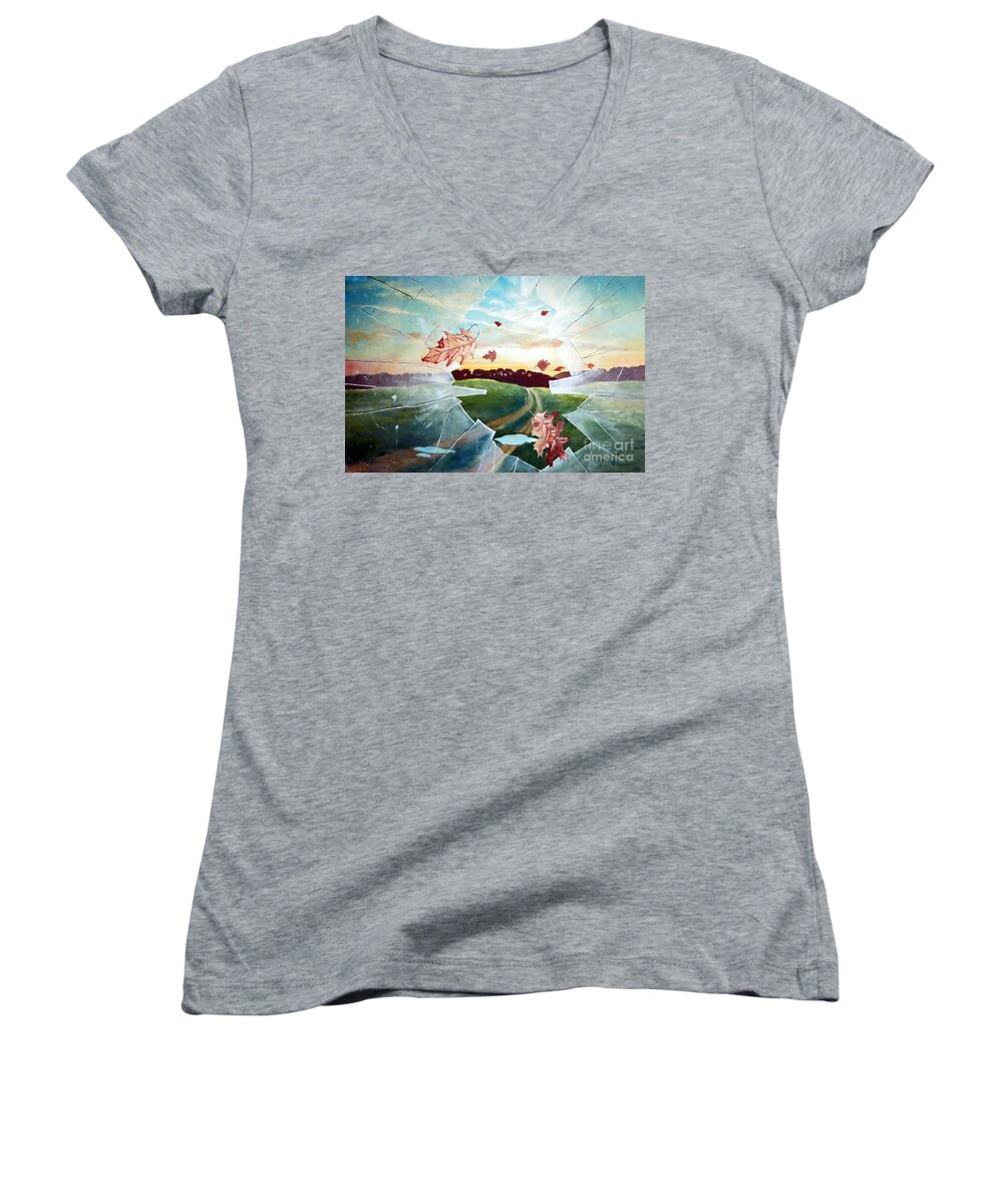 Window Women's V-Neck featuring the painting Broken Pane by Christopher Shellhammer