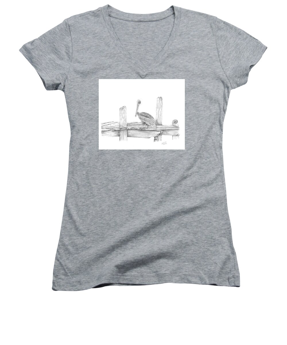 Pelican Women's V-Neck featuring the drawing Brown Pelican by Patricia Hiltz