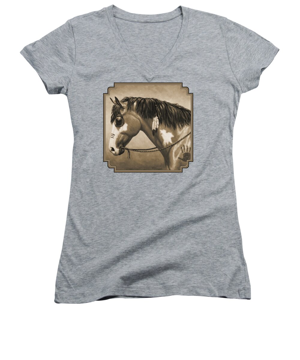 Horse Women's V-Neck featuring the painting Buckskin War Horse in Sepia by Crista Forest