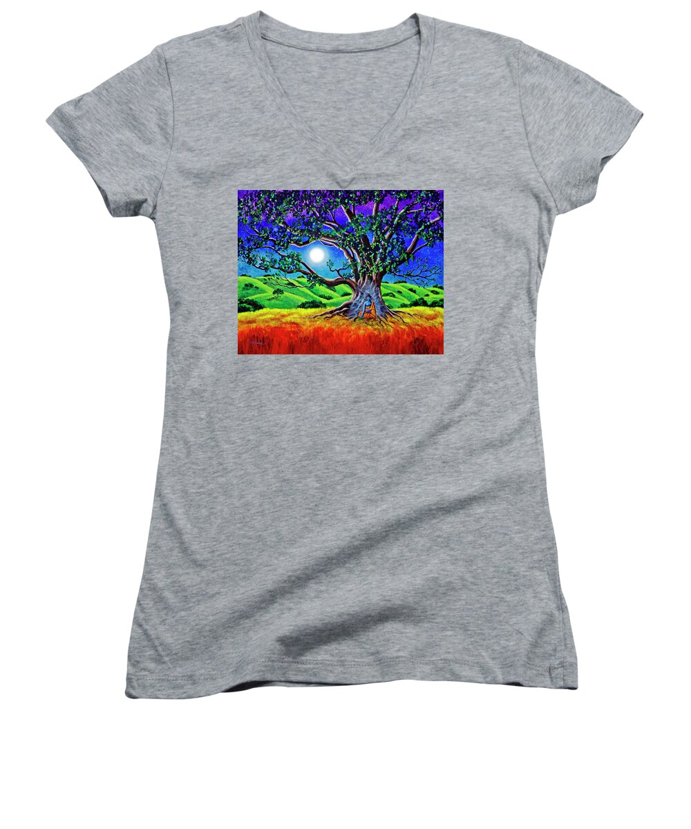 Rainbow Women's V-Neck featuring the painting Buddha Healing the Earth by Laura Iverson