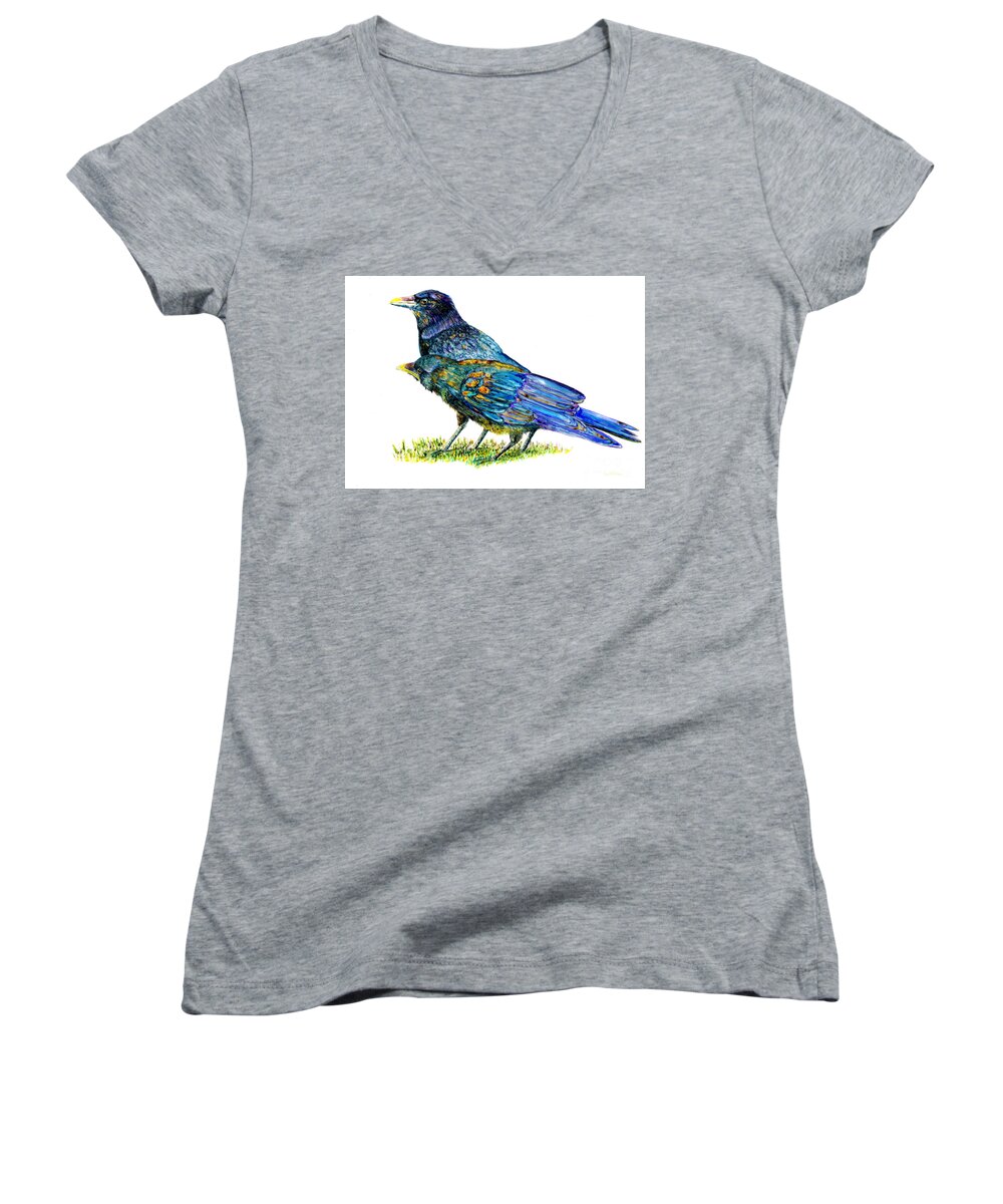 Crows Women's V-Neck featuring the painting Buddies by Jan Killian