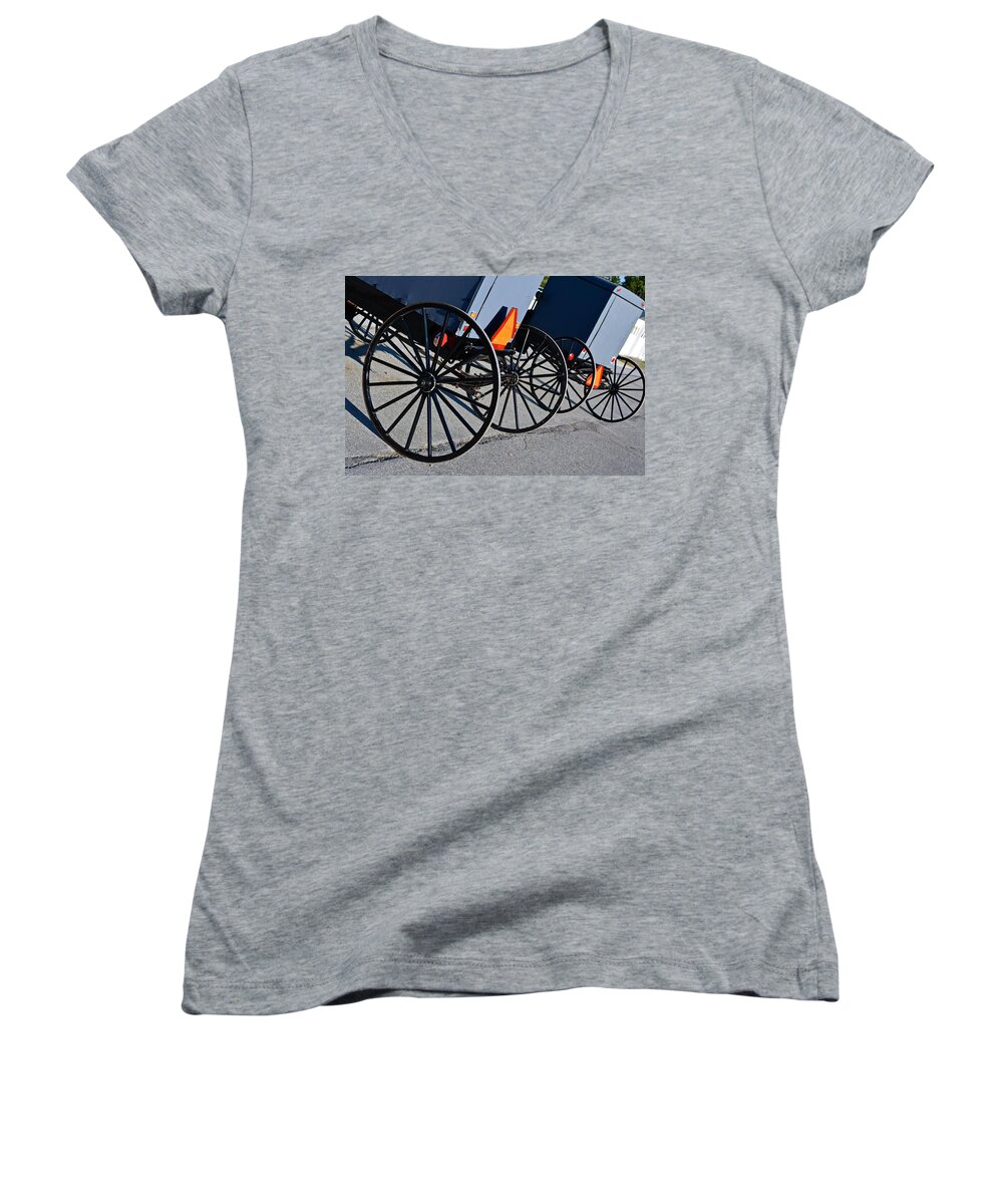Amish Women's V-Neck featuring the photograph Buggy Parking Lot by Tana Reiff