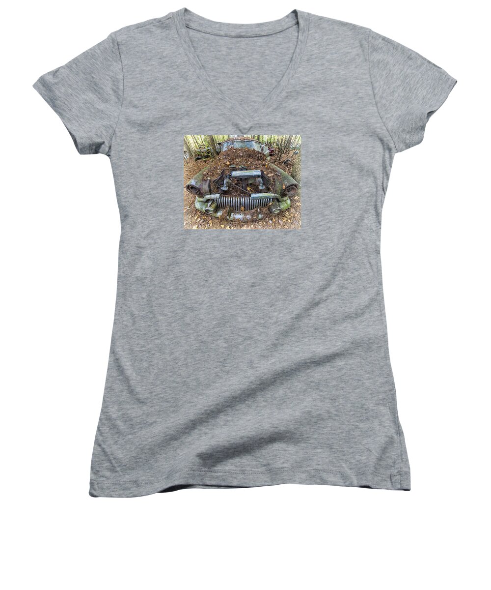 Buick Women's V-Neck featuring the photograph Buick in Decay by Alan Raasch