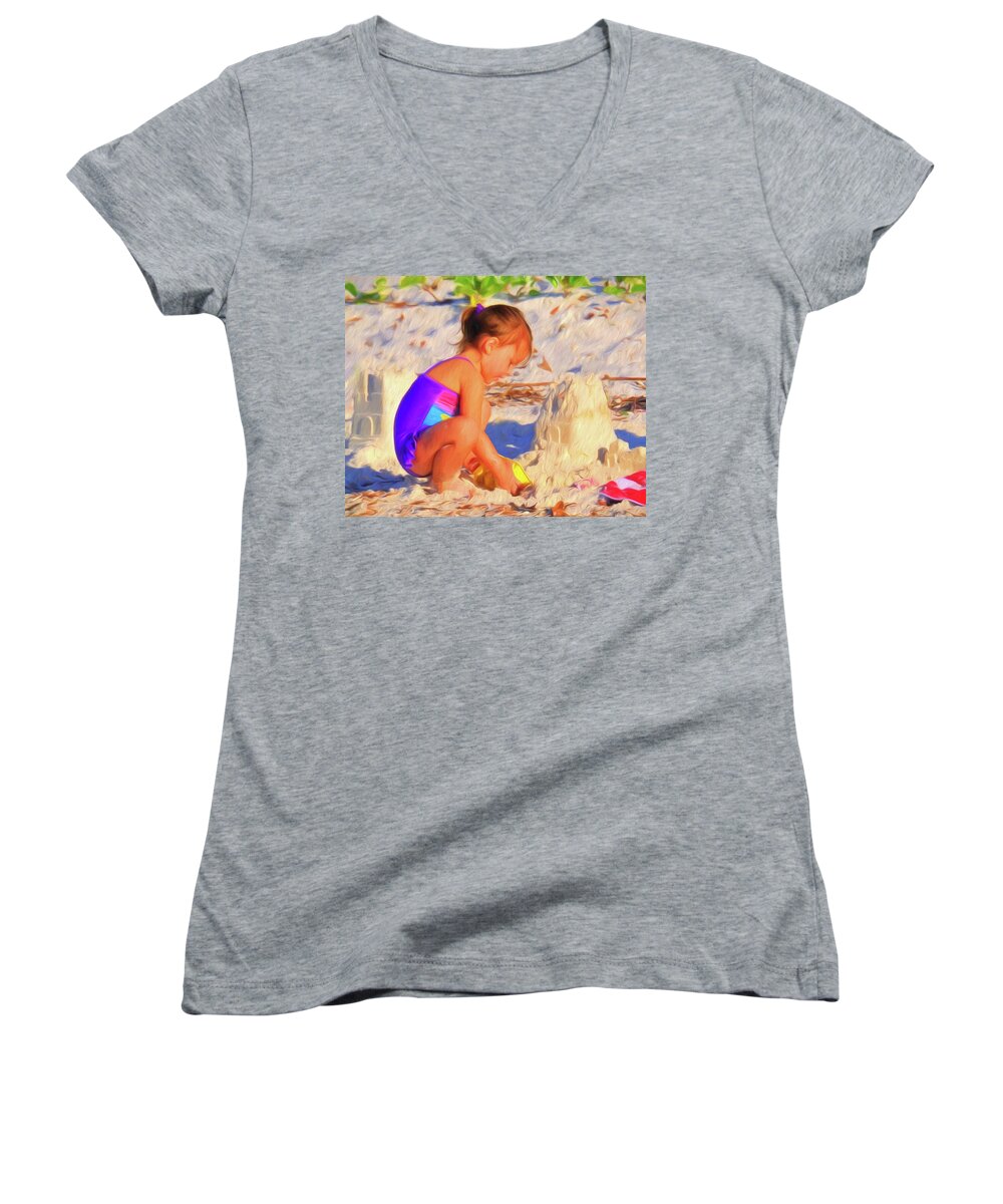 Child Women's V-Neck featuring the photograph Building Sand Castles by Ginger Wakem