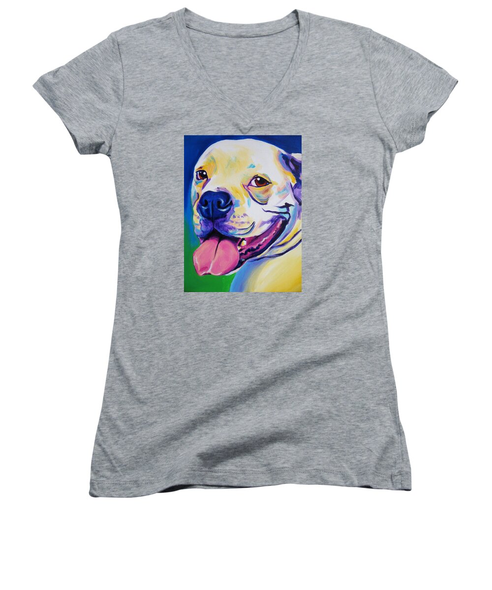Colorful Bulldog Women's V-Neck featuring the painting American Bulldog - Luke by Dawg Painter