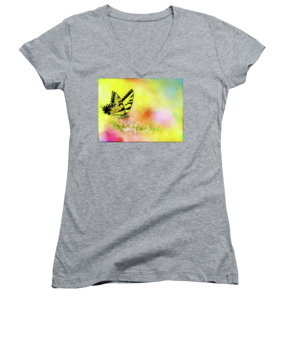 Butterfly Women's V-Neck featuring the painting Butterfly Love by Ches Black