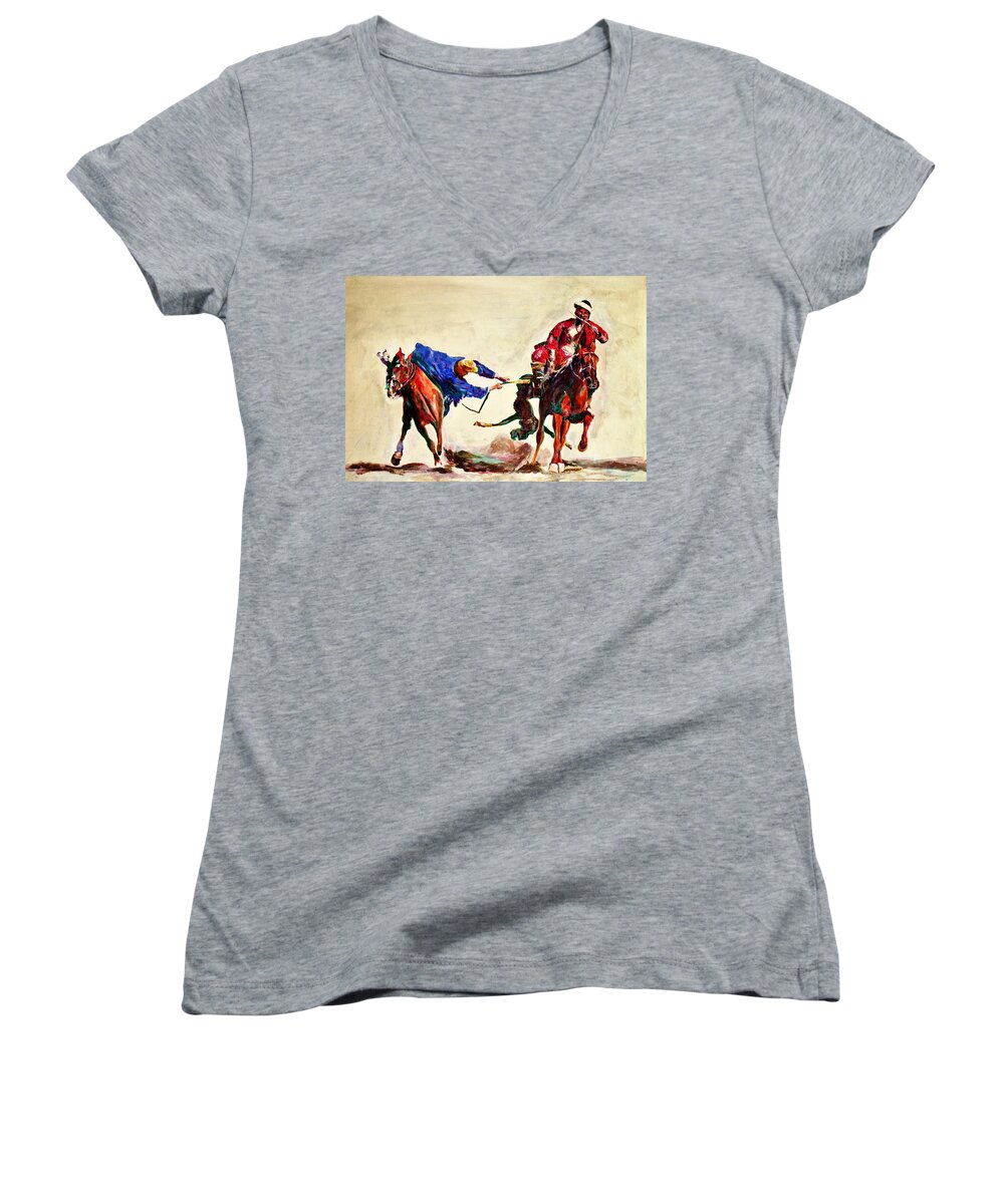 Buzkashi Women's V-Neck featuring the painting Buzkashi, a power game by Khalid Saeed