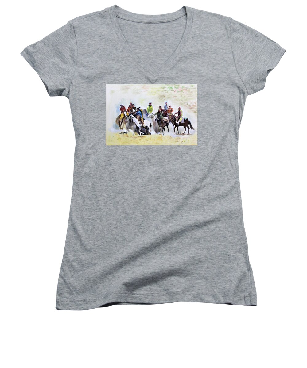 Buzkashi Sport Women's V-Neck featuring the painting Buzkashi sport by Khalid Saeed