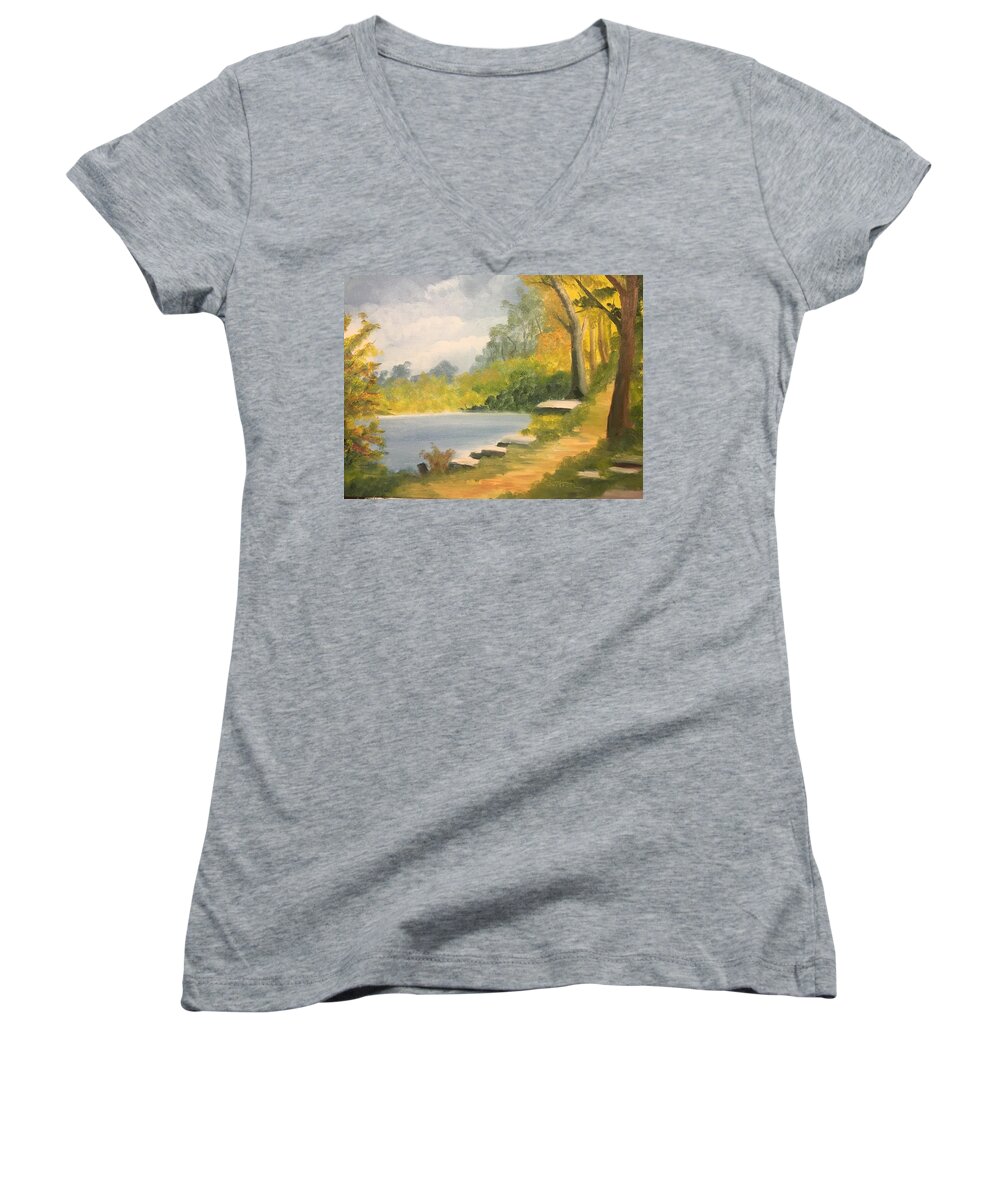 Trees Women's V-Neck featuring the painting By the Lake by David Bartsch