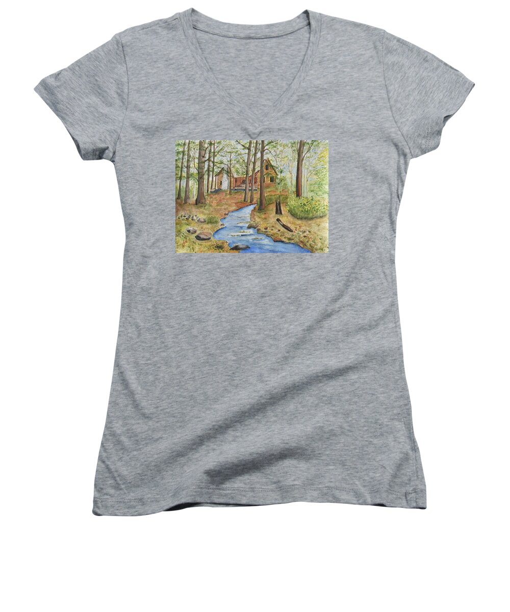 Linda Brody Women's V-Neck featuring the painting Cabin in the Woods by Linda Brody