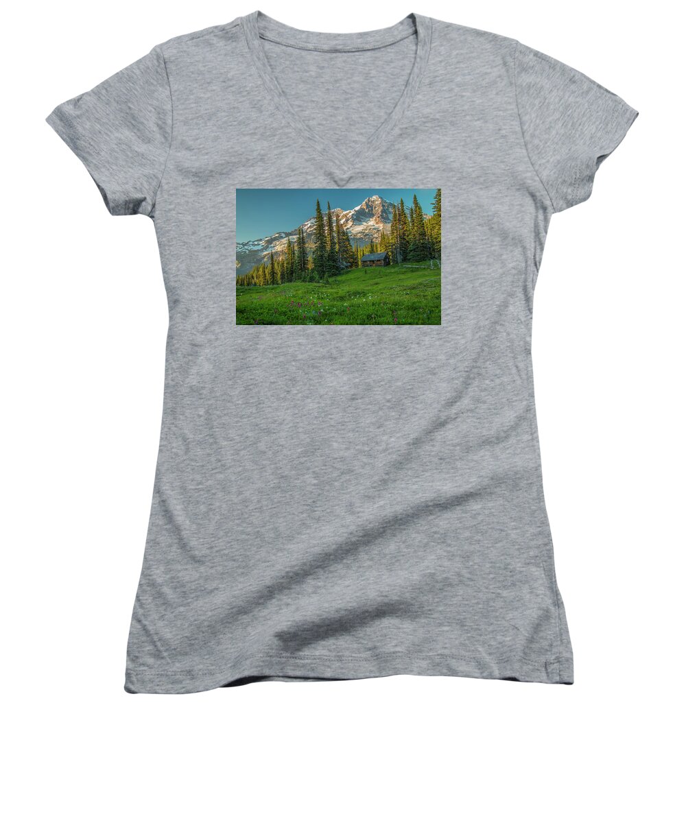 Mount Rainier Women's V-Neck featuring the photograph Cabin on the Hill by Doug Scrima