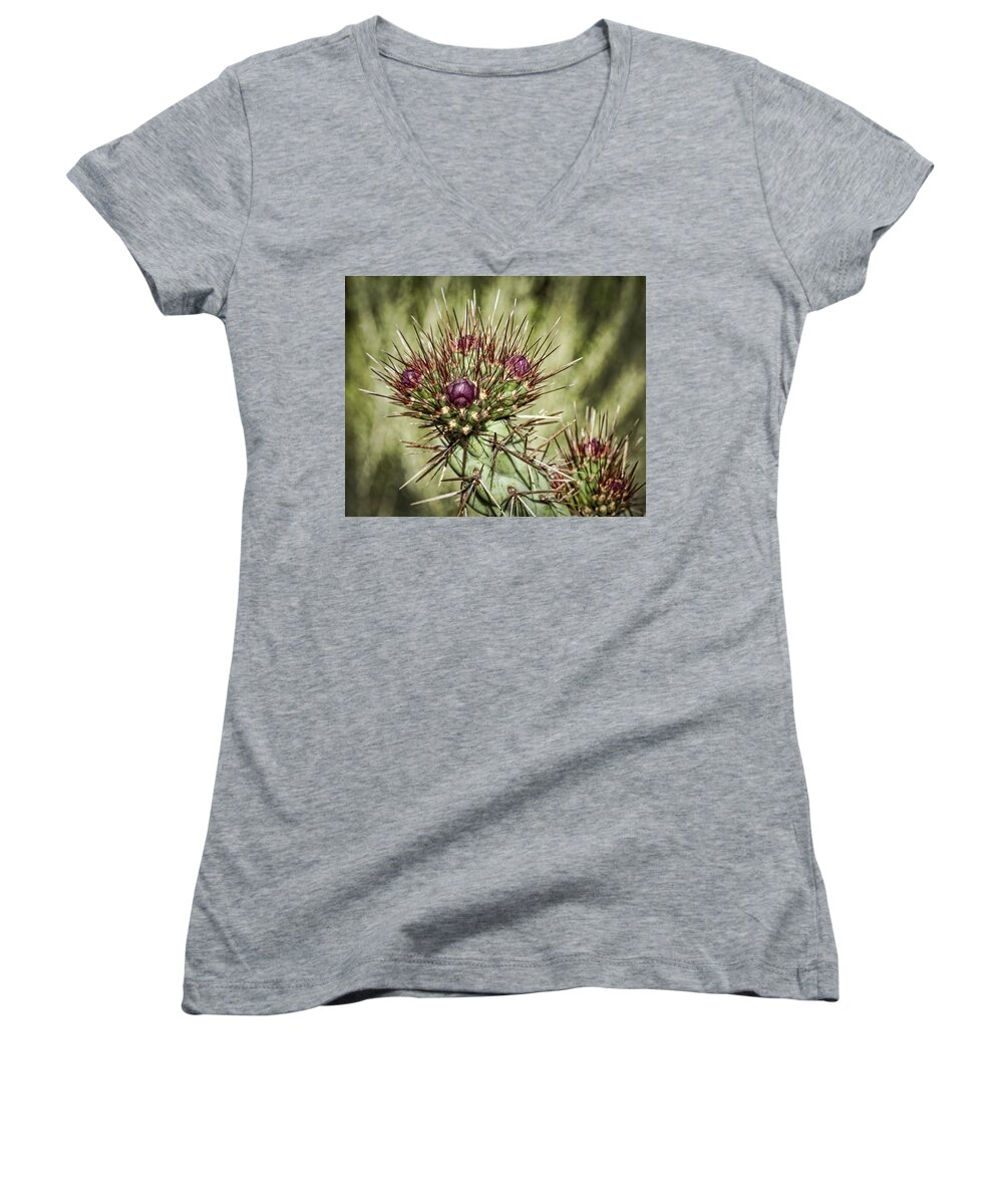 Cactus Women's V-Neck featuring the photograph Cactus Buds by Kelley King