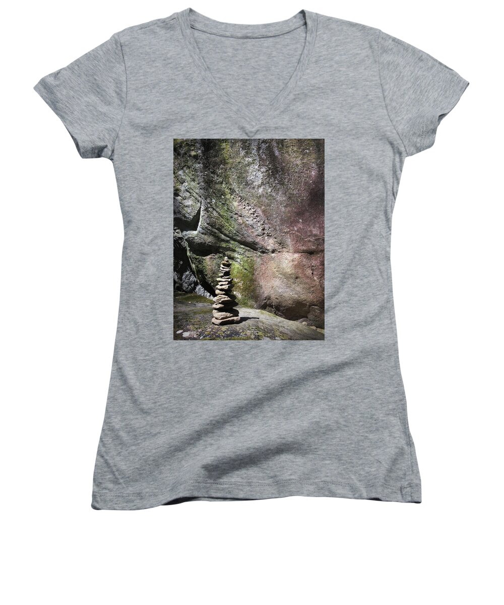 Kelly Hazel Women's V-Neck featuring the photograph Cairn Rock Stack at Jones Gap State Park by Kelly Hazel