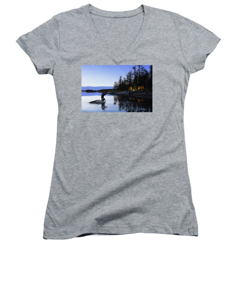 Loon Women's V-Neck featuring the painting Camp Loon by Anthony J Padgett