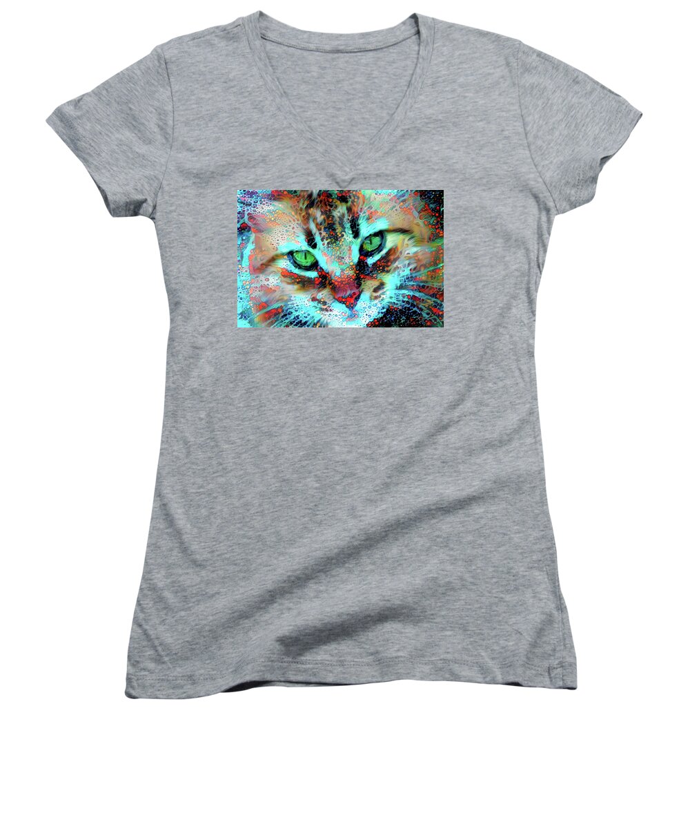 Abstract Cat Women's V-Neck featuring the digital art Candy the Colorful Green Eyed Cat by Peggy Collins