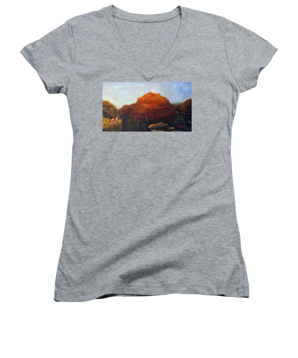 Grand Canyon Women's V-Neck featuring the painting Canyon Overlook II by Loretta Luglio