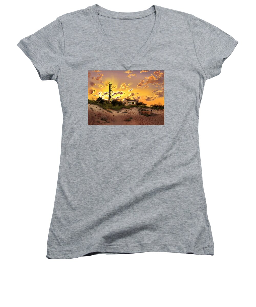 Lighthouse Women's V-Neck featuring the painting Cape Lookout Lighthouse 2 by Bekim M