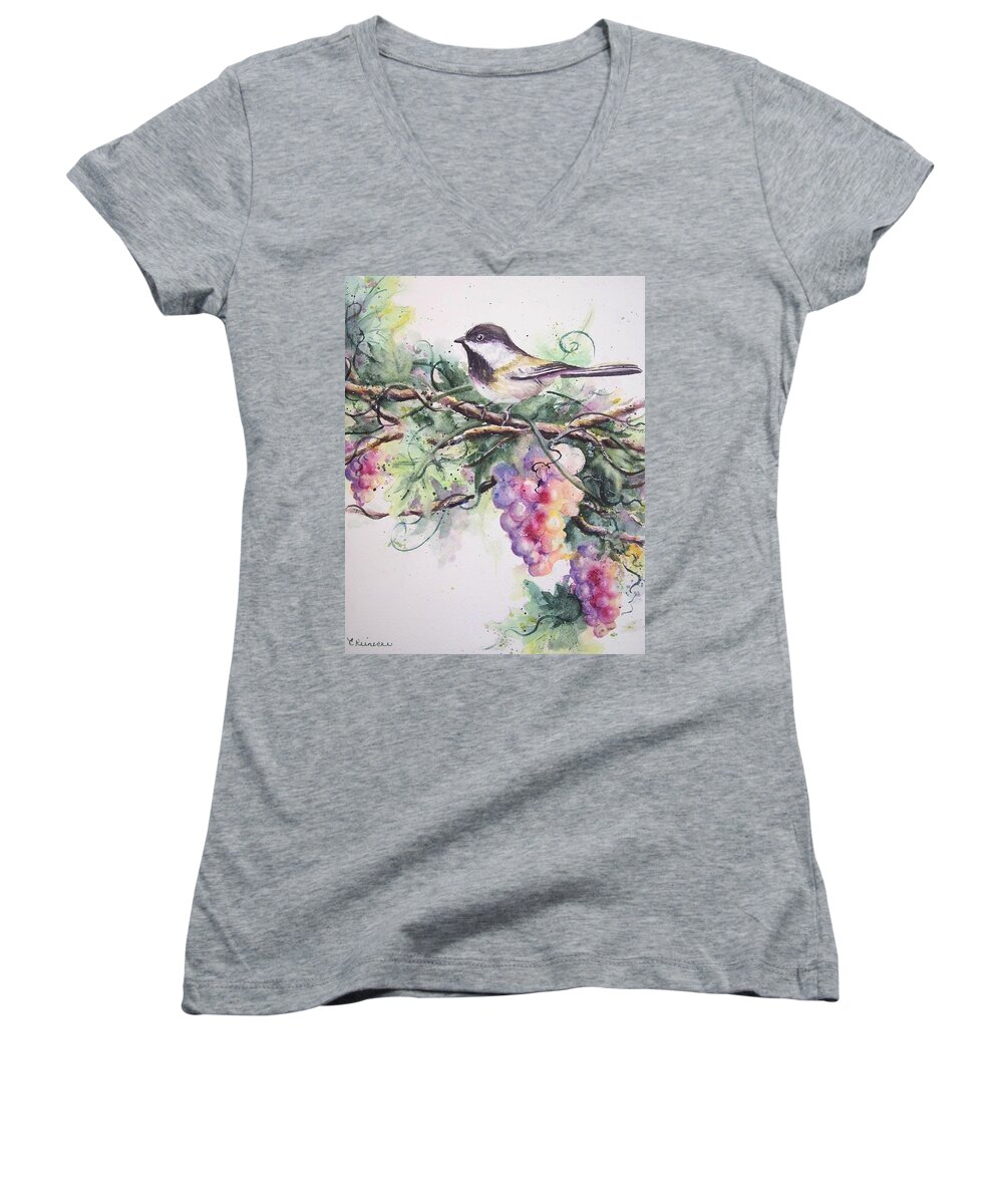 Chickadee Women's V-Neck featuring the painting Capped Chickadee by Conni Reinecke