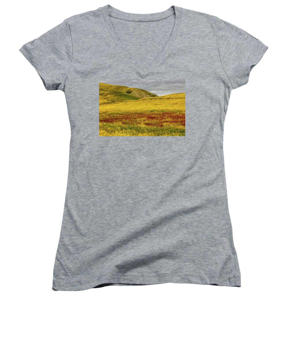 Blm Women's V-Neck featuring the photograph Carrizo Plain Super Bloom 2017 by Peter Tellone