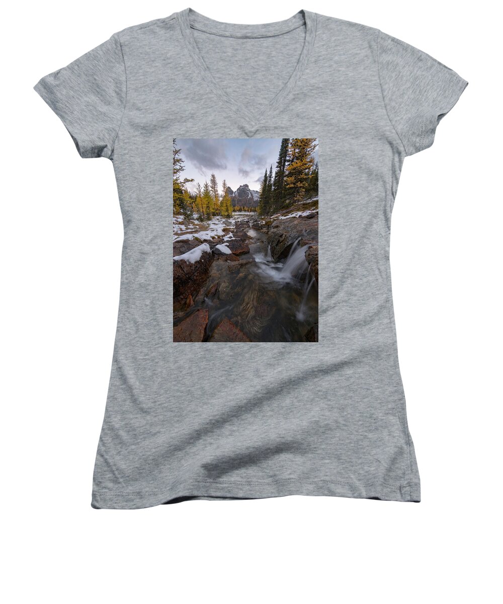 Lake O Hara Women's V-Neck featuring the photograph Cascading by Emily Dickey