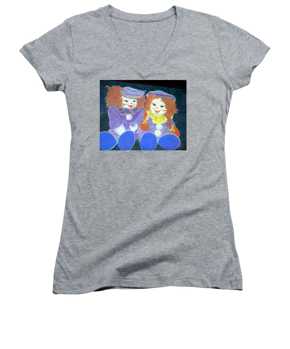 Clowns Women's V-Neck featuring the pastel Aunt Cassies Raggedy Ann and Andy Pastel by Antonia Citrino