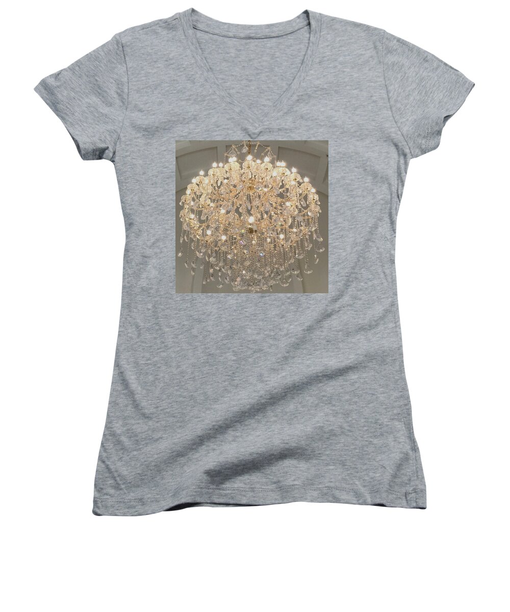 Chandelier Women's V-Neck featuring the photograph Castle Front Hall 01 by Annette Hadley