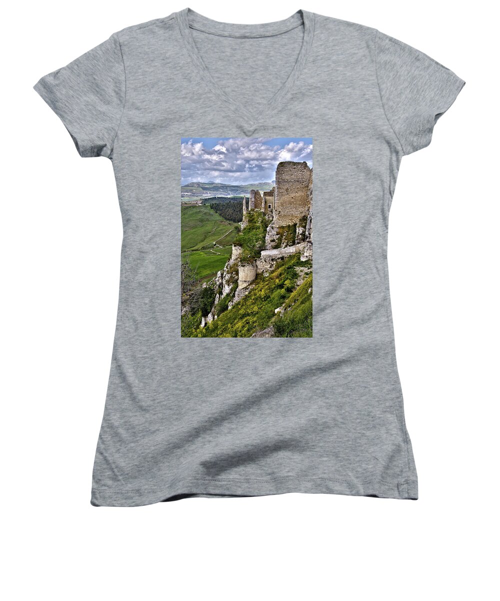  Women's V-Neck featuring the photograph Castle of Pietraperzia by Patrick Boening