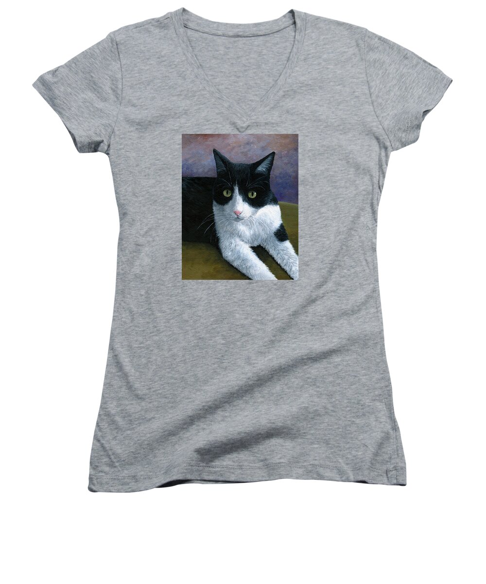 Cat Women's V-Neck featuring the painting Cat 577 Tuxedo by Lucie Dumas